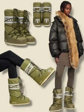 NEW💚🤍 Moon Boot/Tecnica Icon Nylon Logo Printed Lace-Up Tall Boots Khaki Green